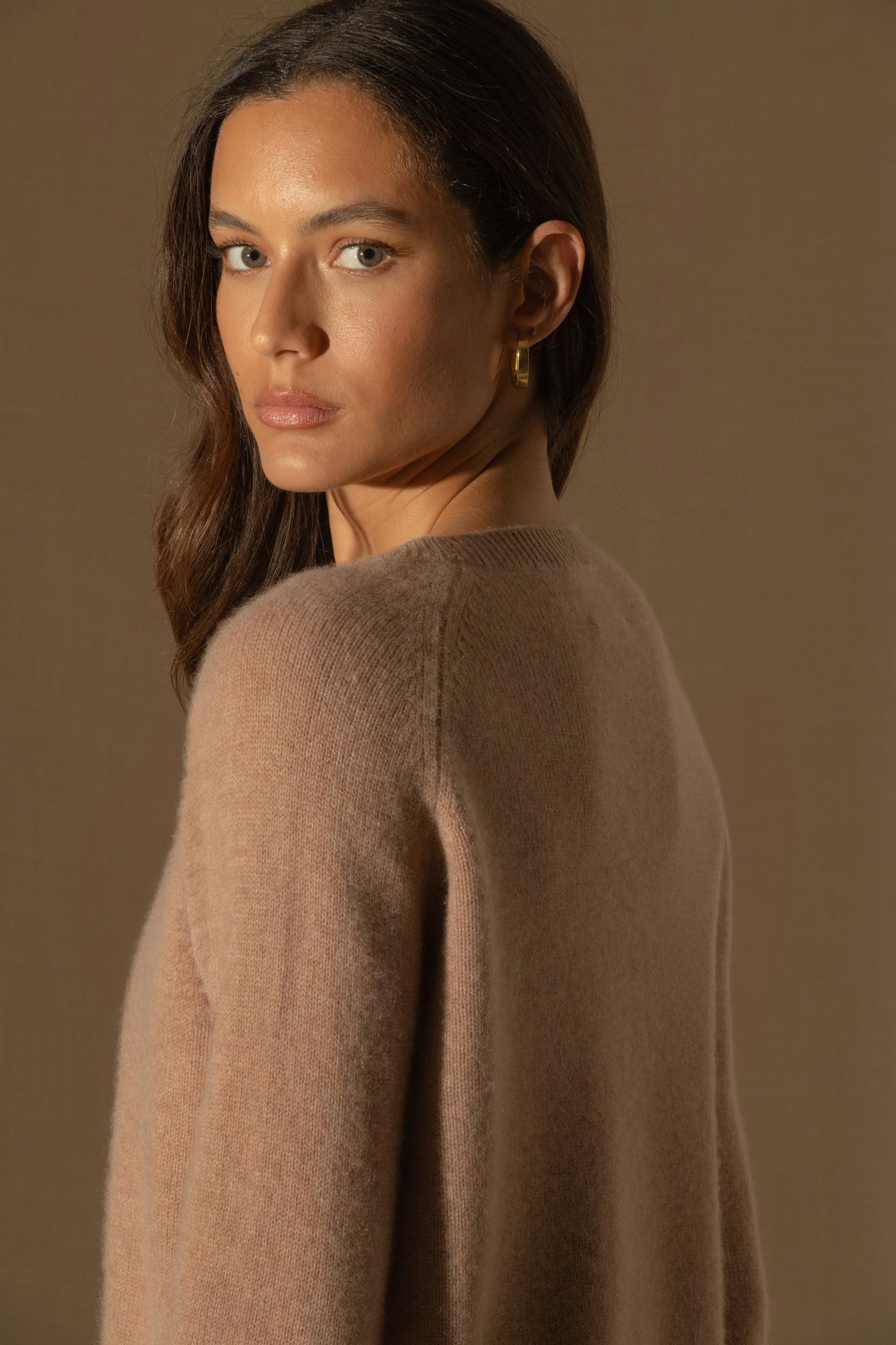 LILA pull col rond 4 fils camel chiné 100% cachemire