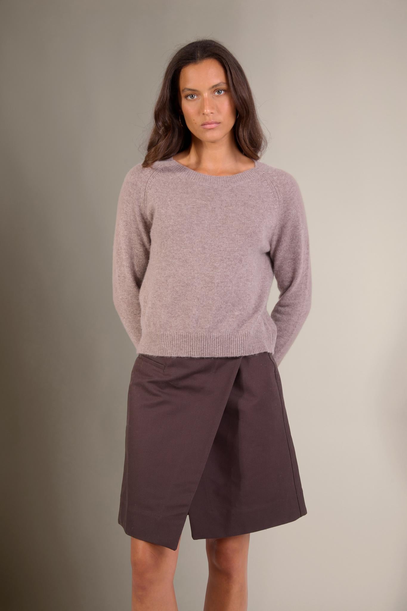 LILA pull col rond 4 fils caribou chiné 100% cachemire
