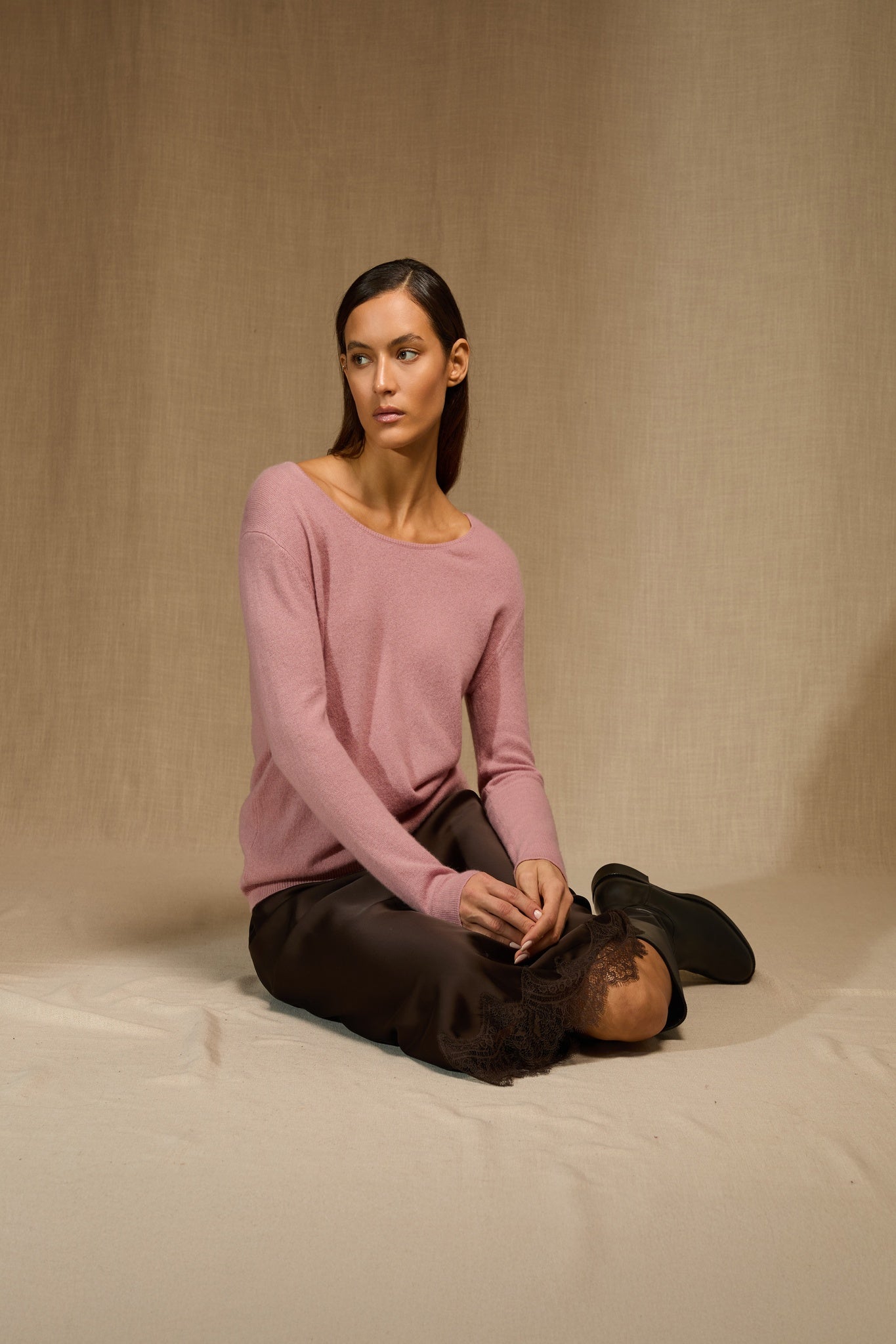 LINDSAY pull col bateau bois de rose 100% cachemire
