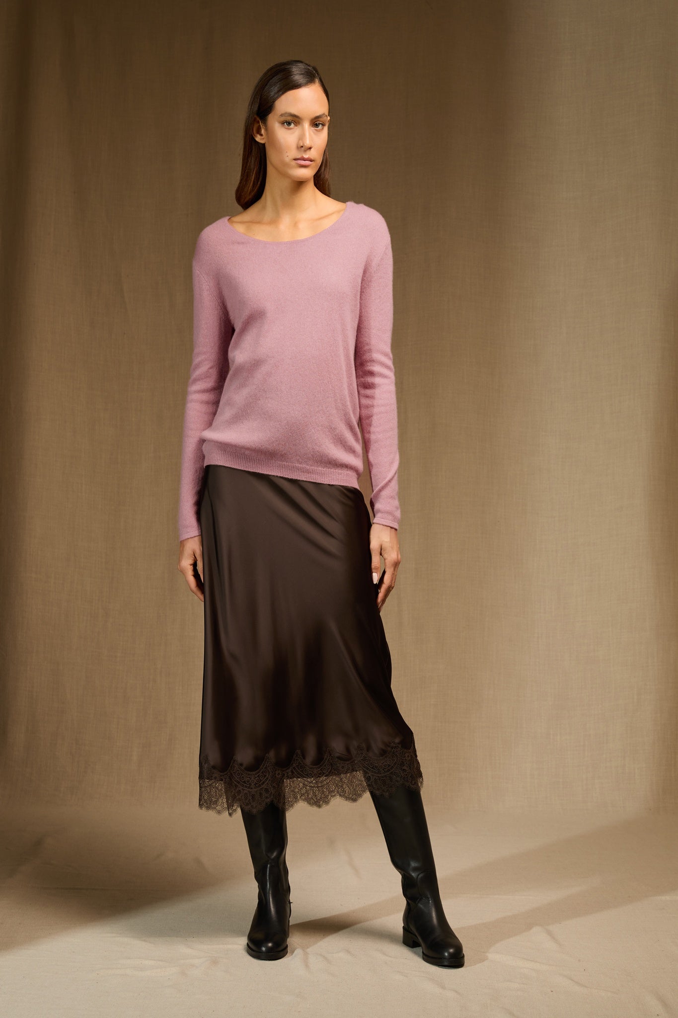 LINDSAY pull col bateau bois de rose 100% cachemire