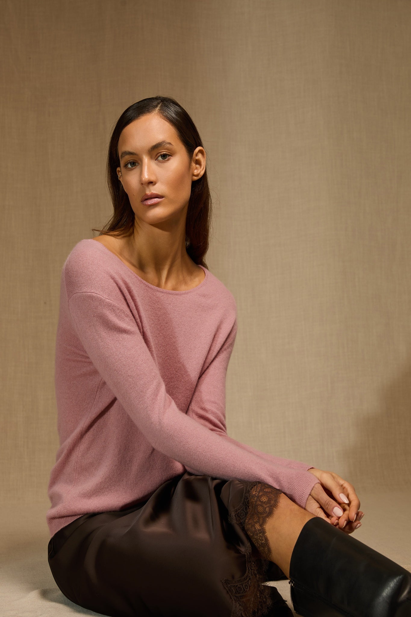 LINDSAY pull col bateau bois de rose 100% cachemire
