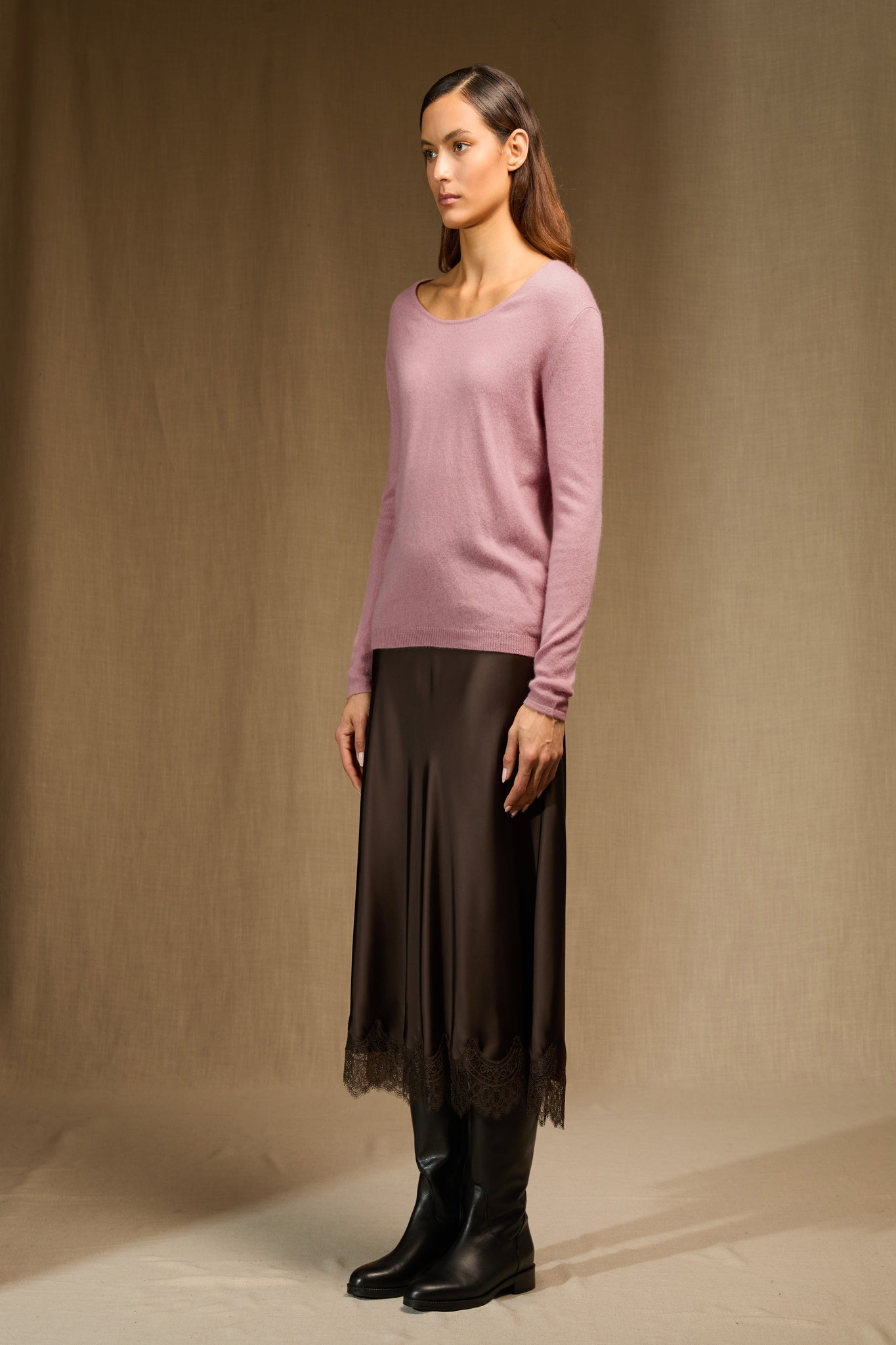 LINDSAY pull col bateau bois de rose 100% cachemire