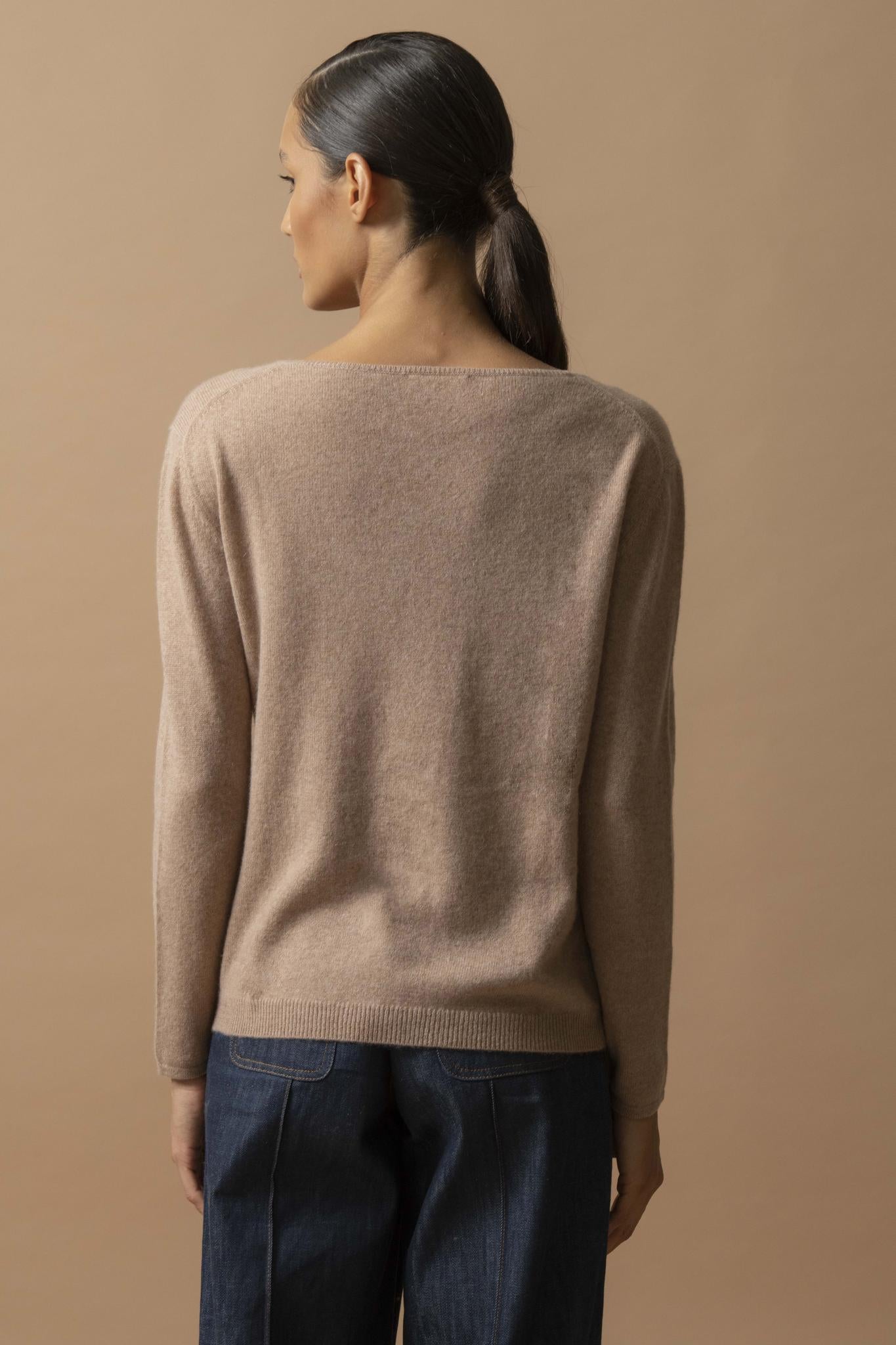 LINDSAY pull col bateau camel chiné 100% cachemire