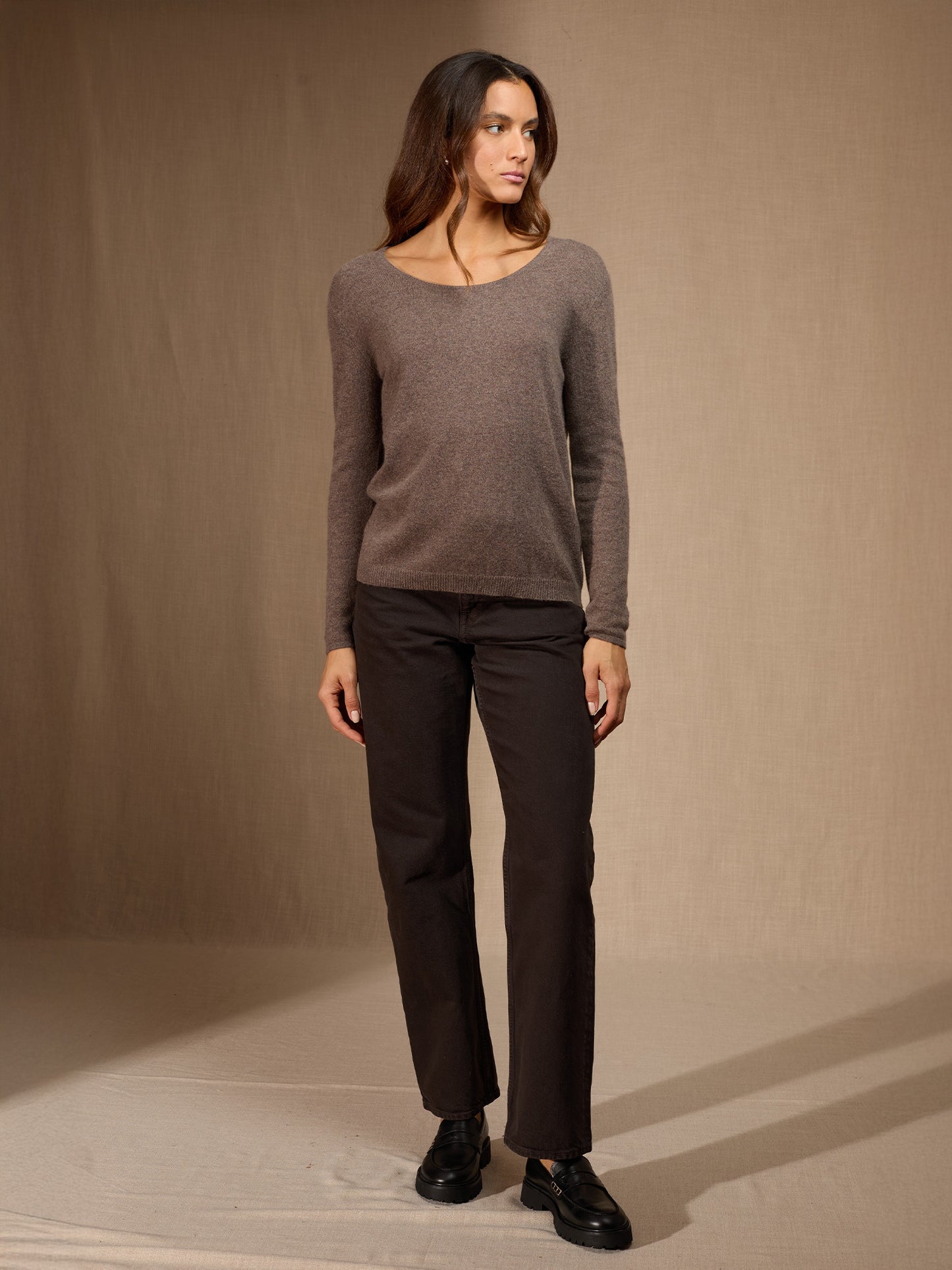LINDSAY pull col bateau taupe chiné 100% cachemire
