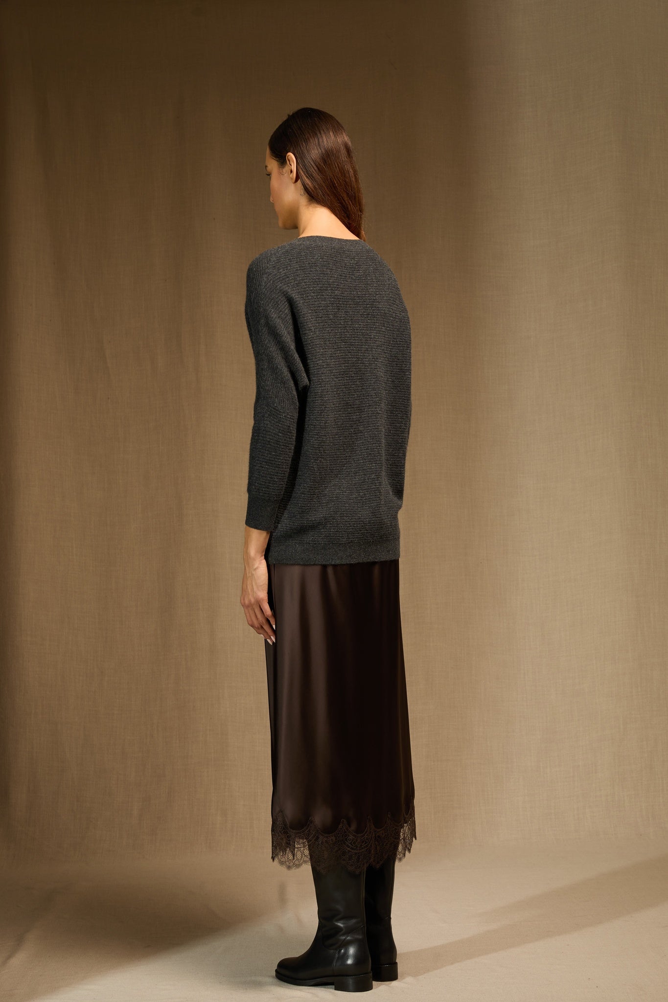 liv pull col rond carbone chiné 100% cachemire