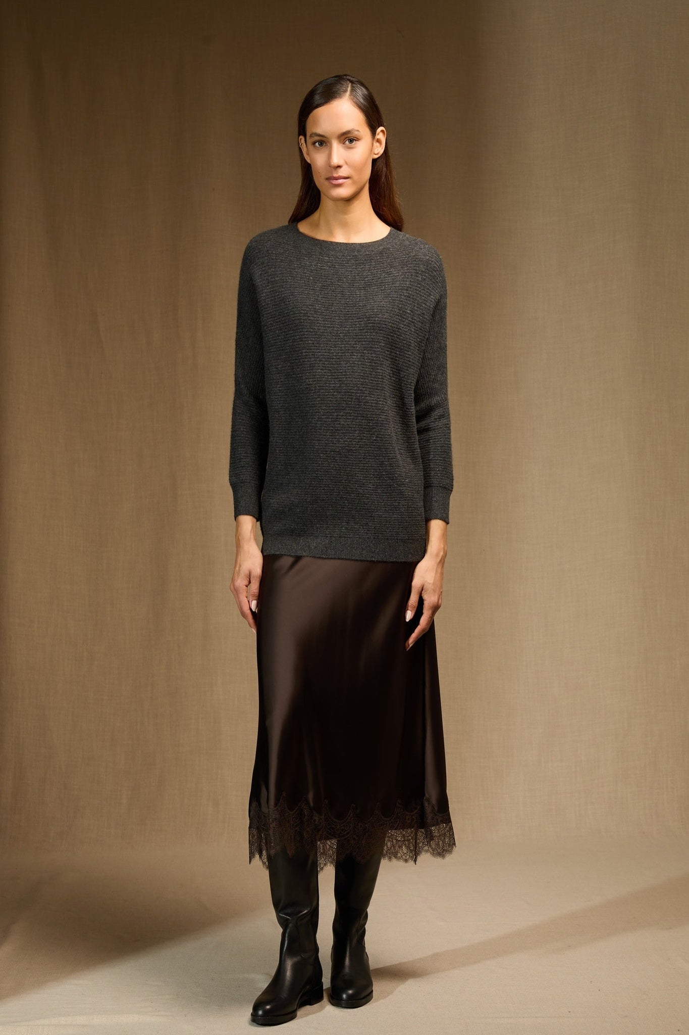 liv pull col rond carbone chiné 100% cachemire