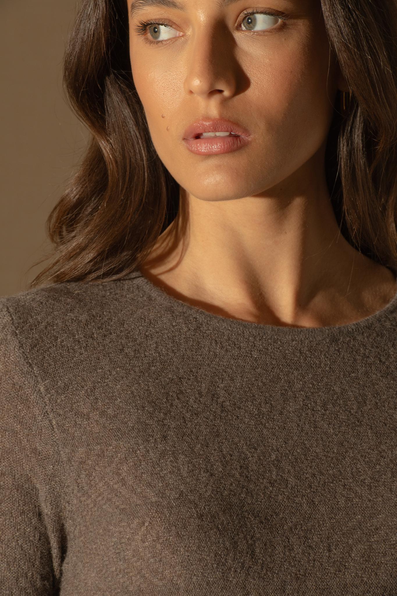 LOLA robe col rond taupe chiné 100% cachemire