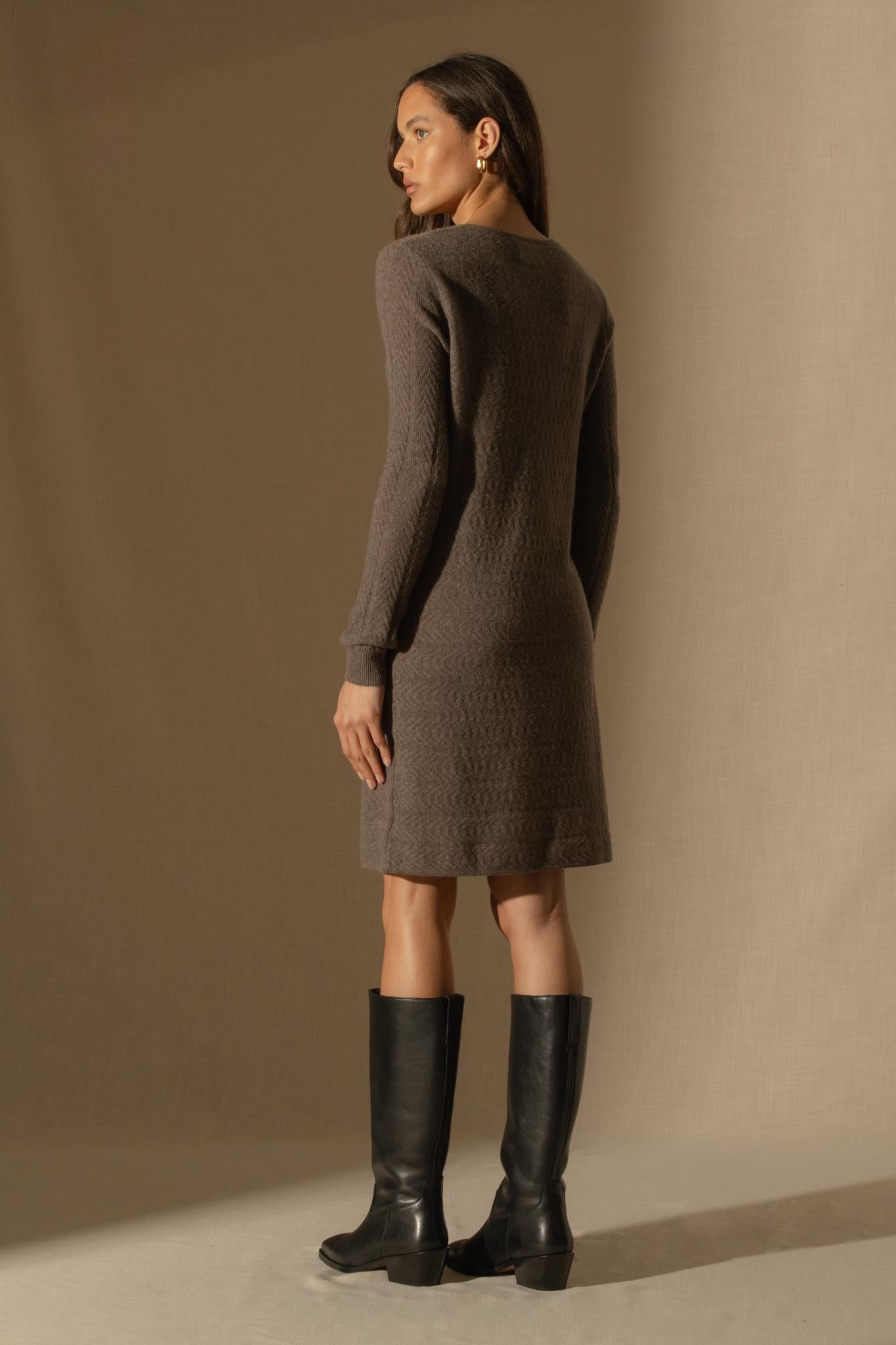 LOLA robe col rond taupe chiné 100% cachemire