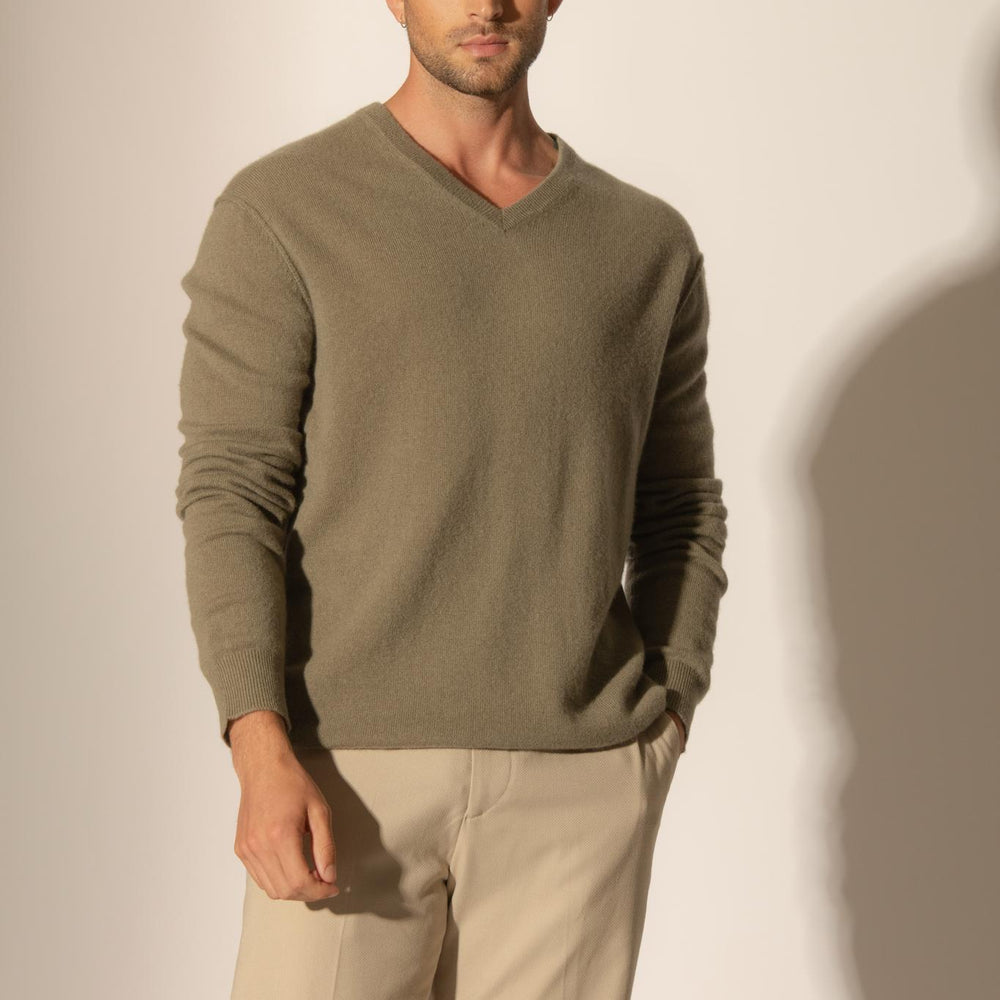 LORENZO pull col v  army 100% cachemire