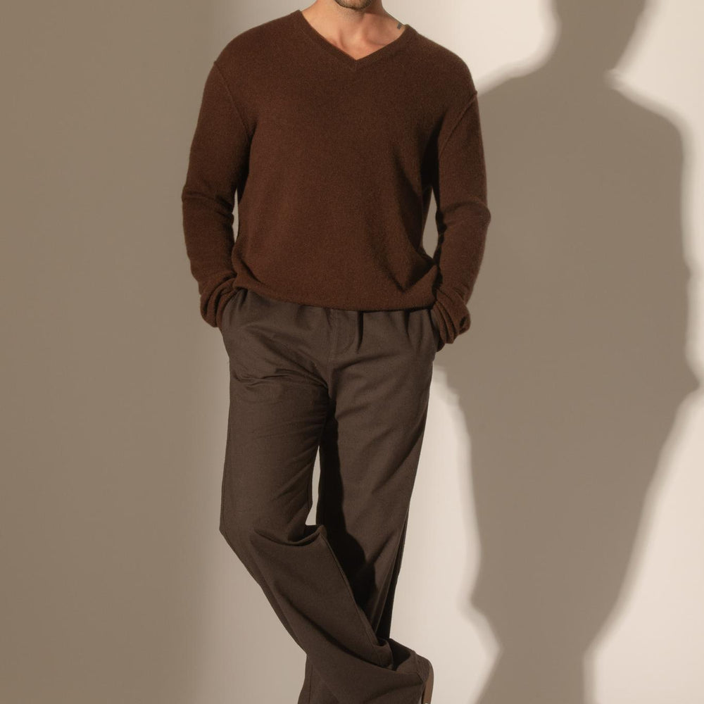 LORENZO pull col v  café 100% cachemire