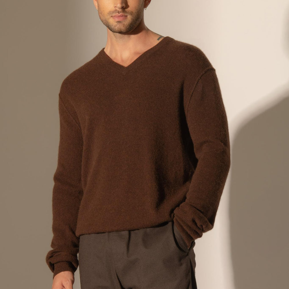 LORENZO pull col v  café 100% cachemire