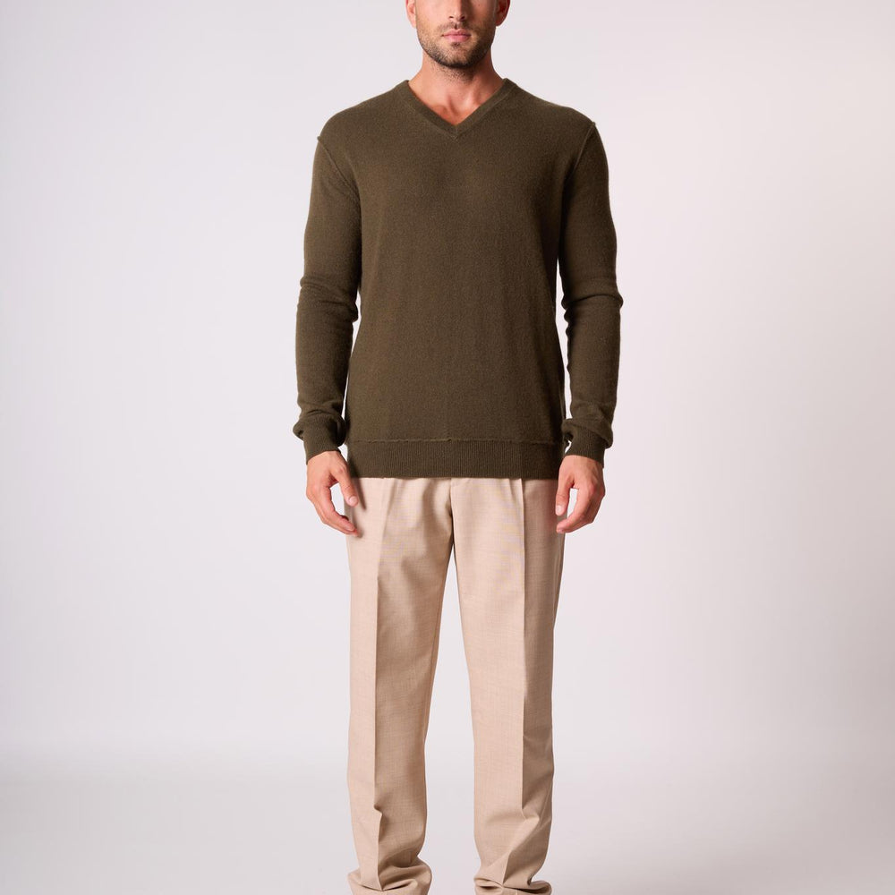 LORENZO pull col v  chatain 100% cachemire