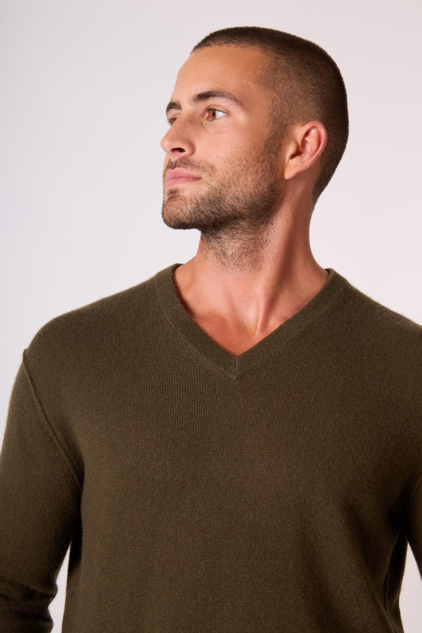 LORENZO pull col v  chatain 100% cachemire