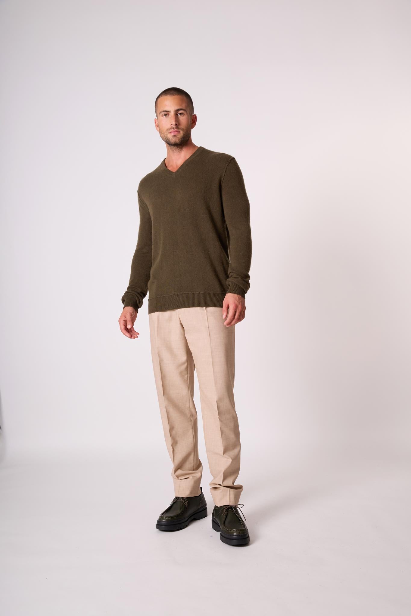 LORENZO pull col v  chatain 100% cachemire