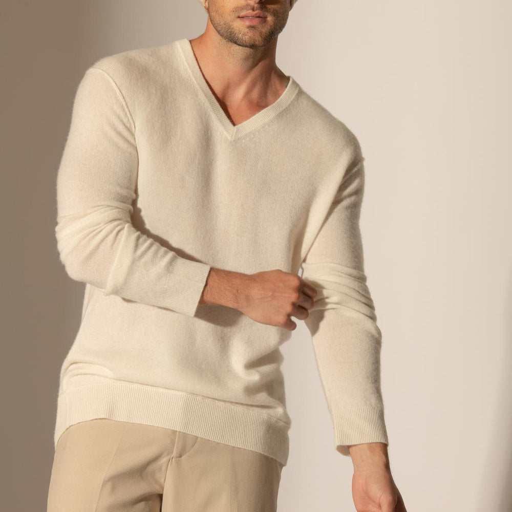 LORENZO pull col v  ivoire 100% cachemire