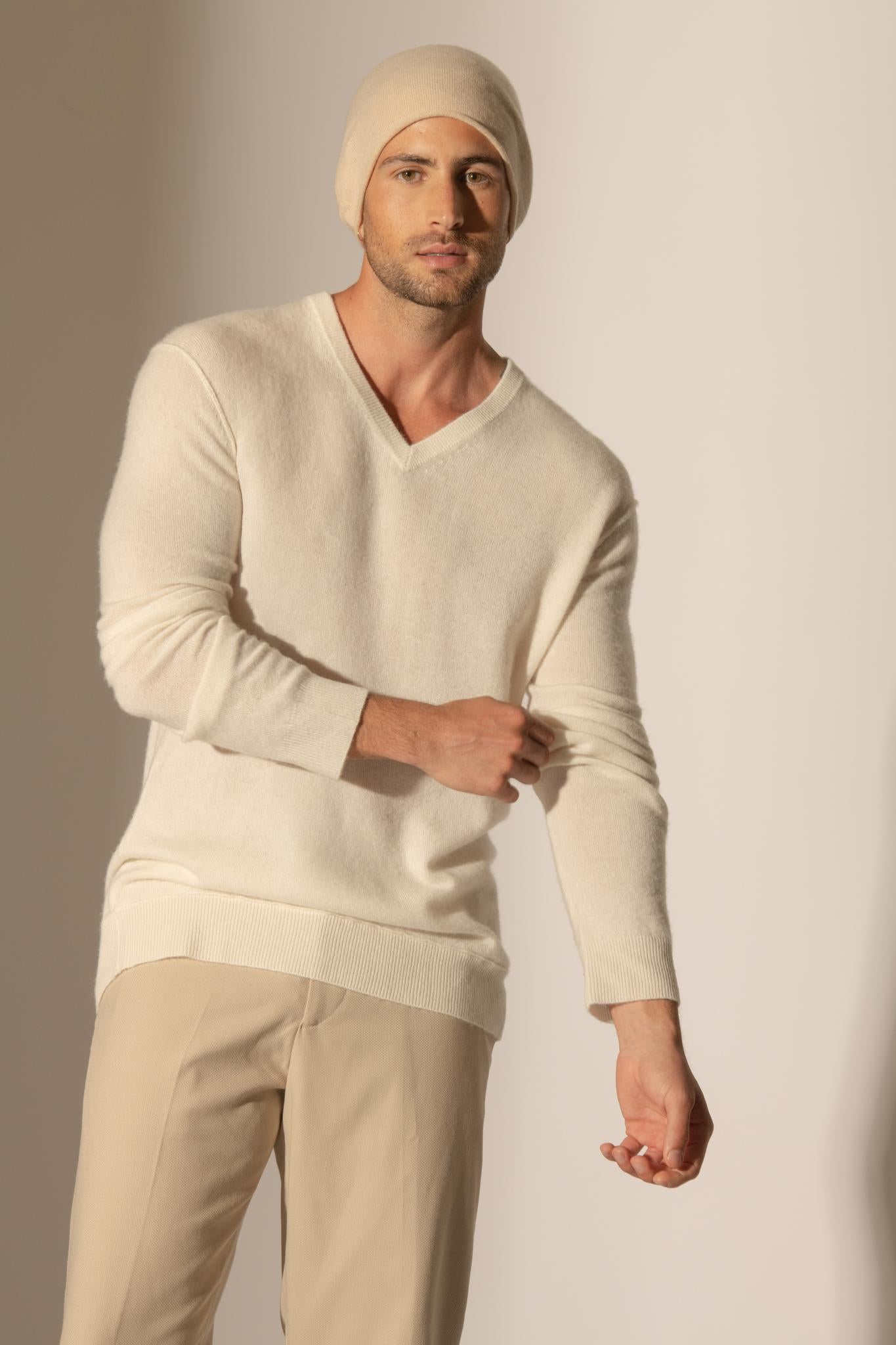 LORENZO pull col v  ivoire 100% cachemire