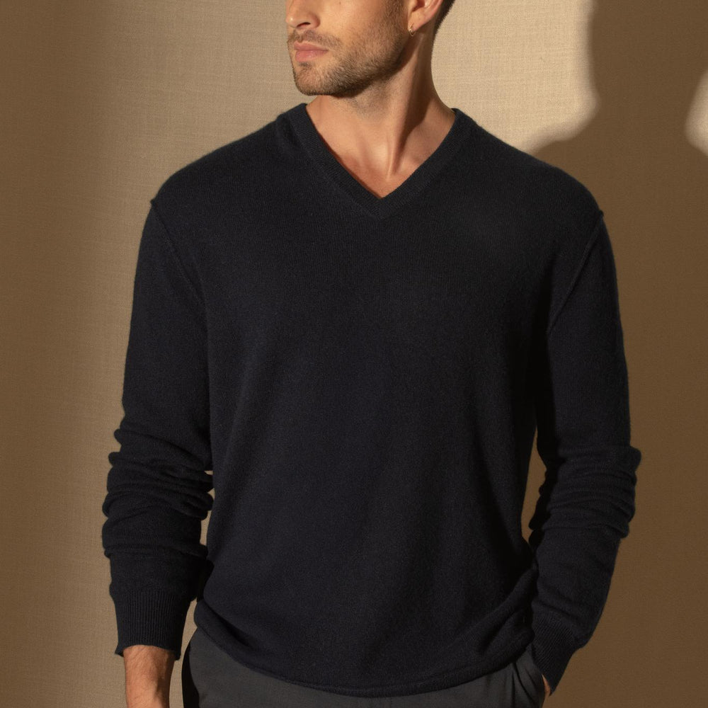 LORENZO pull col v  navy 100% cachemire