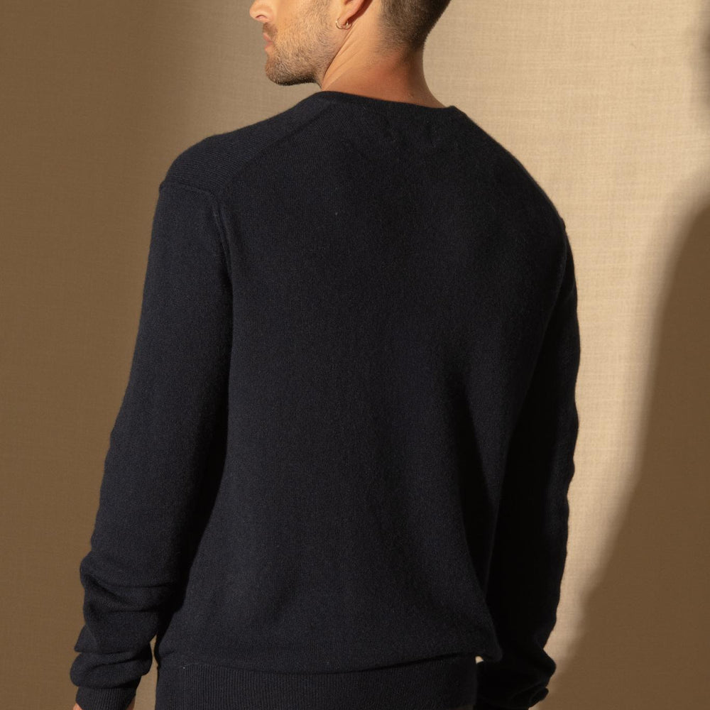 LORENZO pull col v  navy 100% cachemire