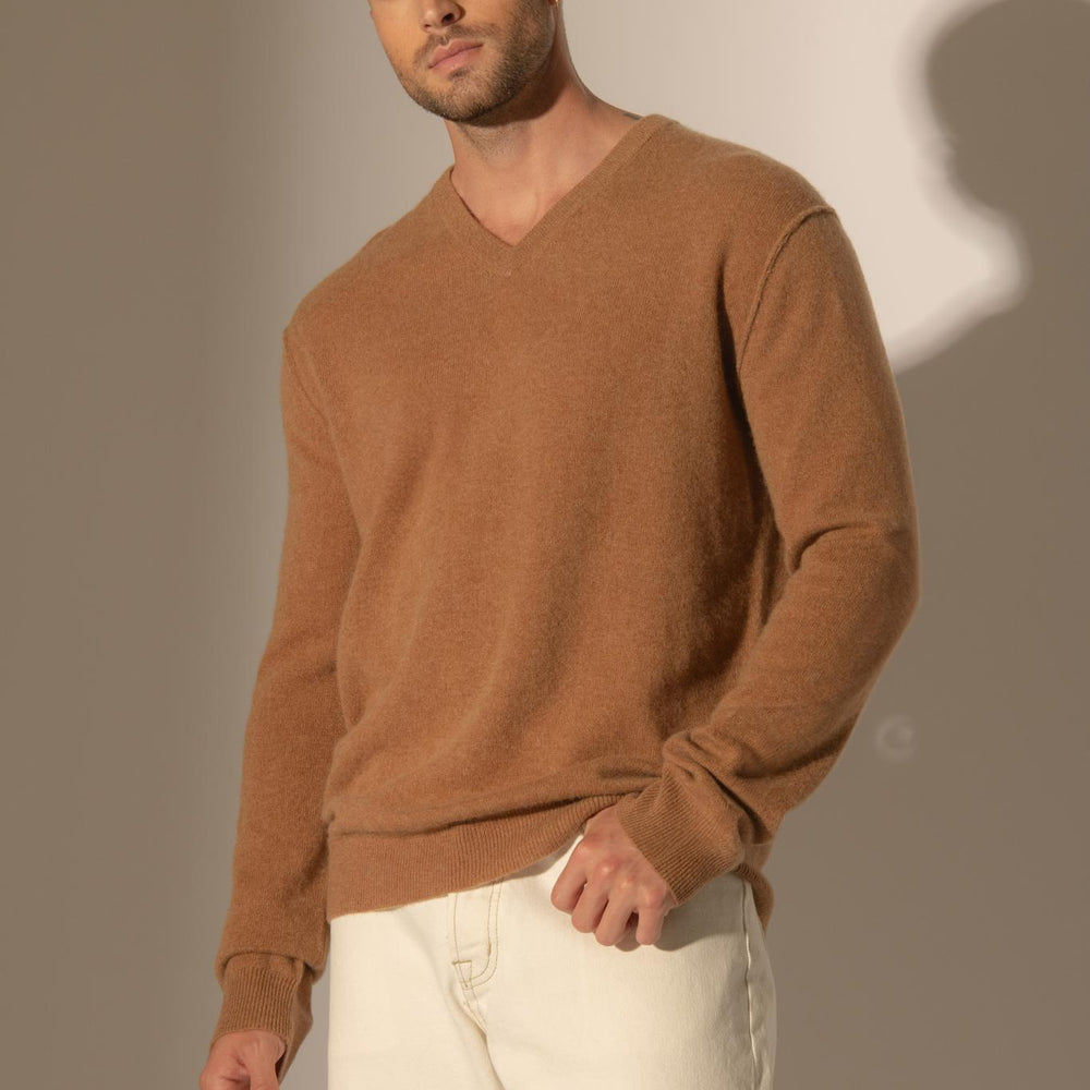 LORENZO pull col v  noisette 100% cachemire