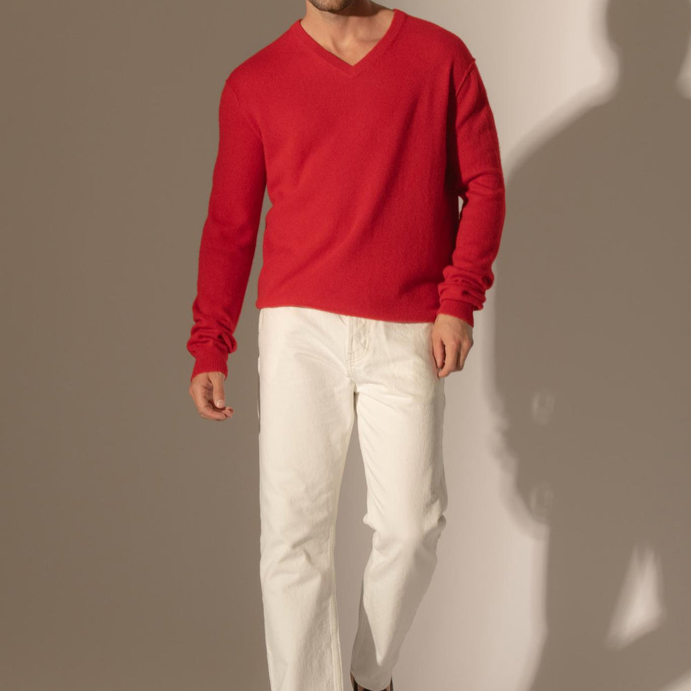 LORENZO pull col v  rouge 100% cachemire