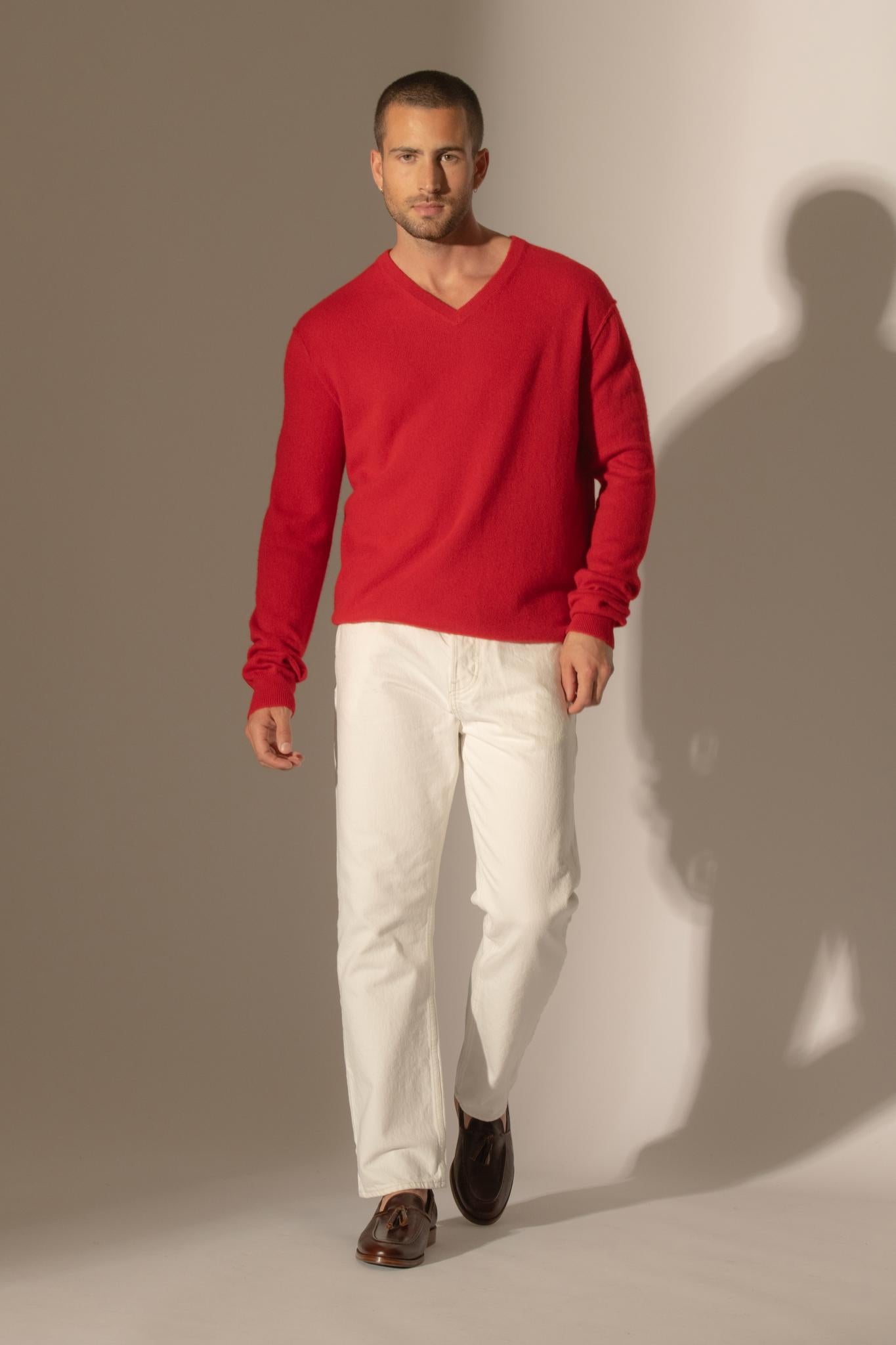 LORENZO pull col v  rouge 100% cachemire