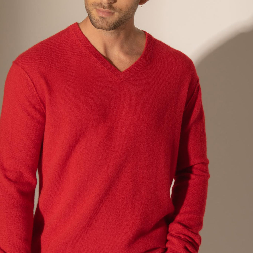 LORENZO pull col v  rouge 100% cachemire