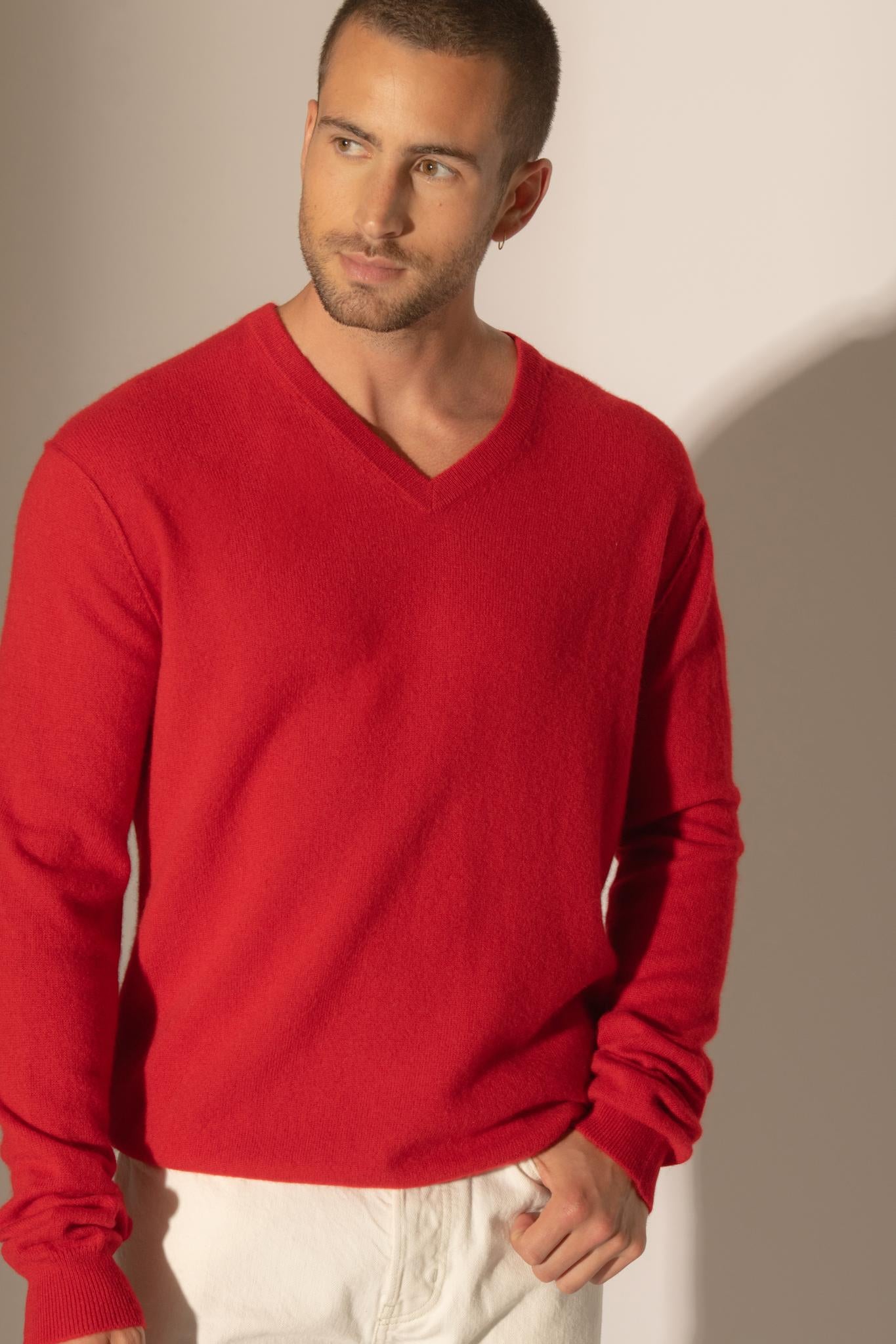 LORENZO pull col v  rouge 100% cachemire