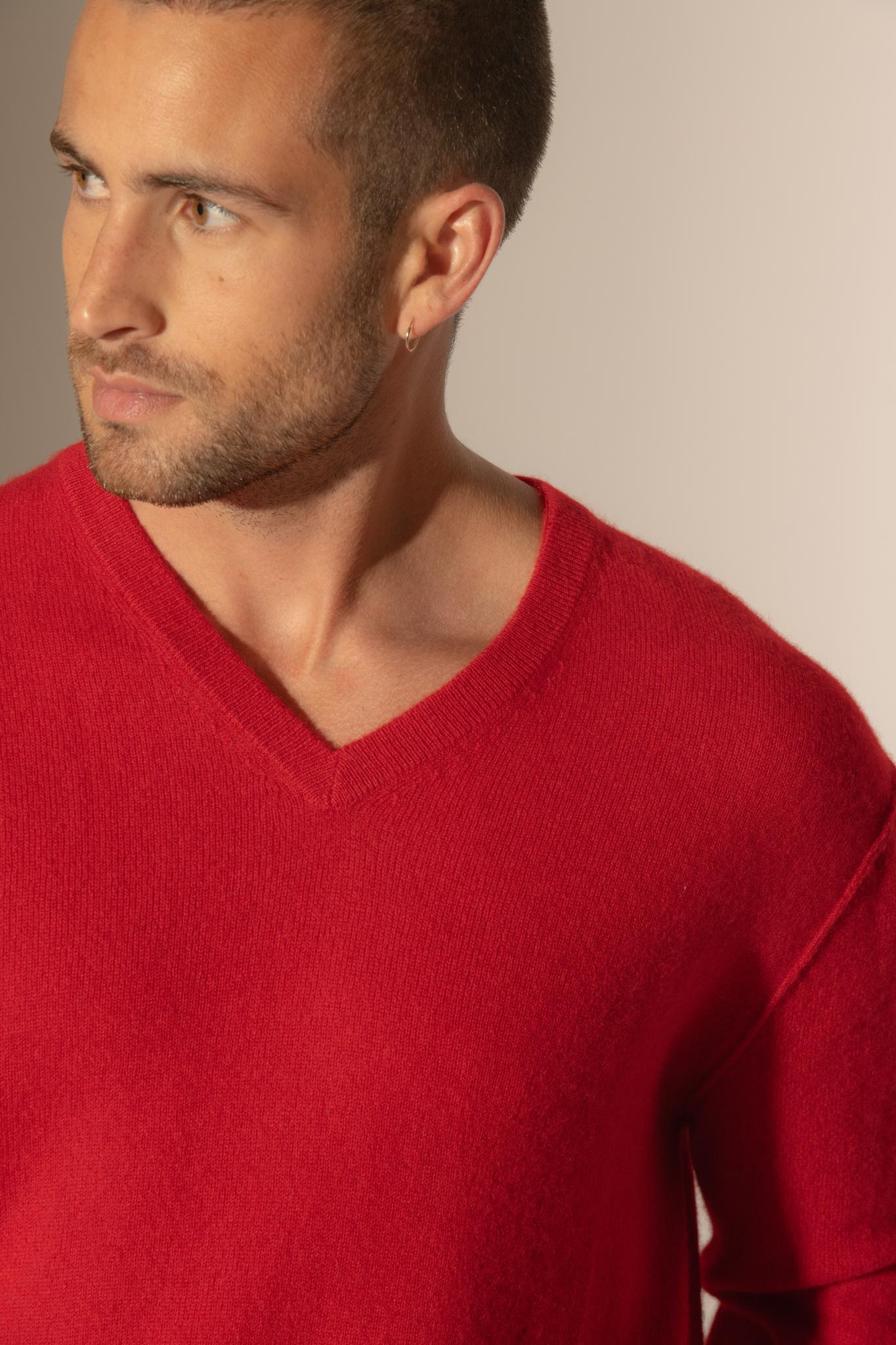 LORENZO pull col v  rouge 100% cachemire