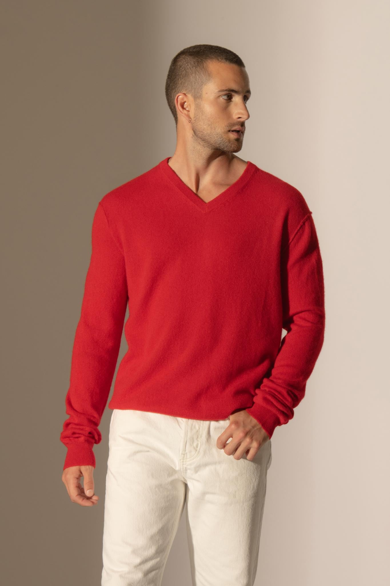 LORENZO pull col v  rouge 100% cachemire