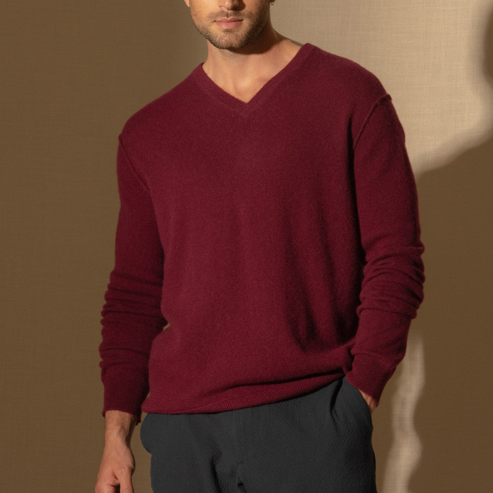 lorenzo pull col v bordeaux 100% cachemire