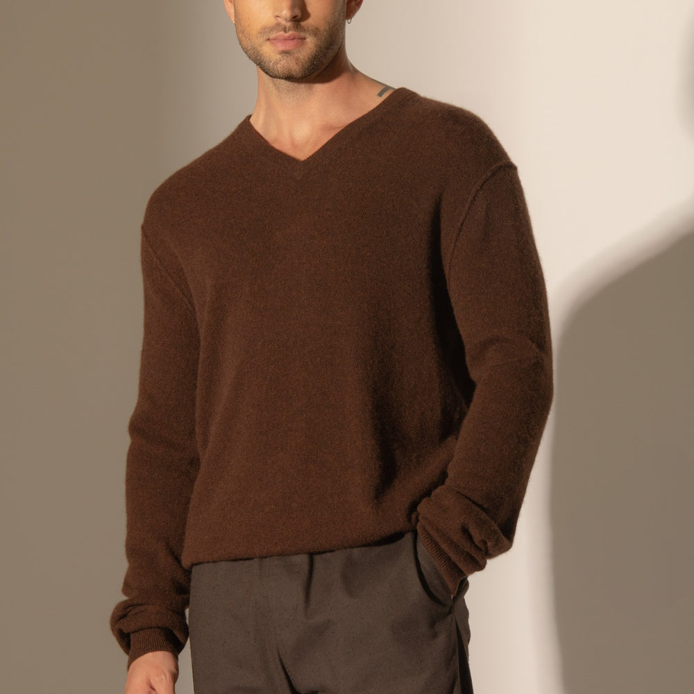 lorenzo pull col v café 100% cachemire