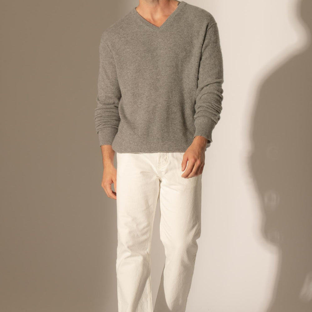 LORENZO pull col v flanelle chiné 100% cachemire