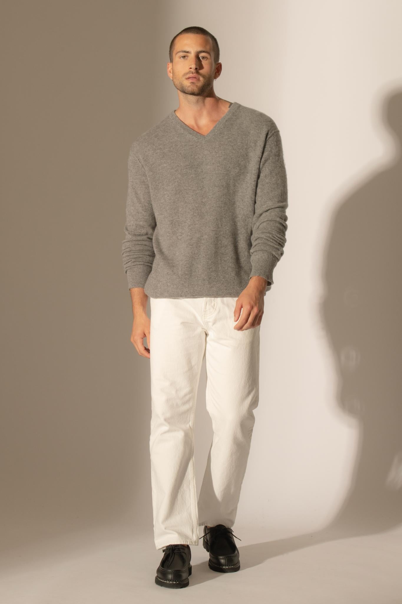 LORENZO pull col v flanelle chiné 100% cachemire