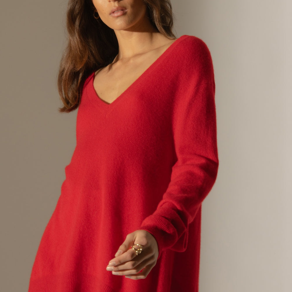 lova pull col v devant et dos rouge 100% cachemire