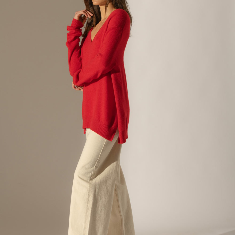 lova pull col v devant et dos rouge 100% cachemire