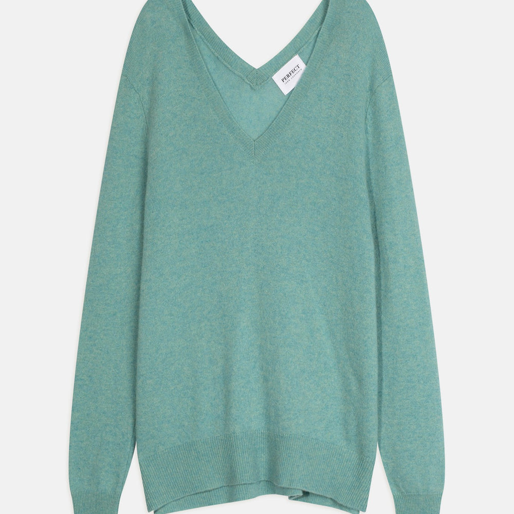 lova pull col v devant et dos vert chiné 100% cachemire