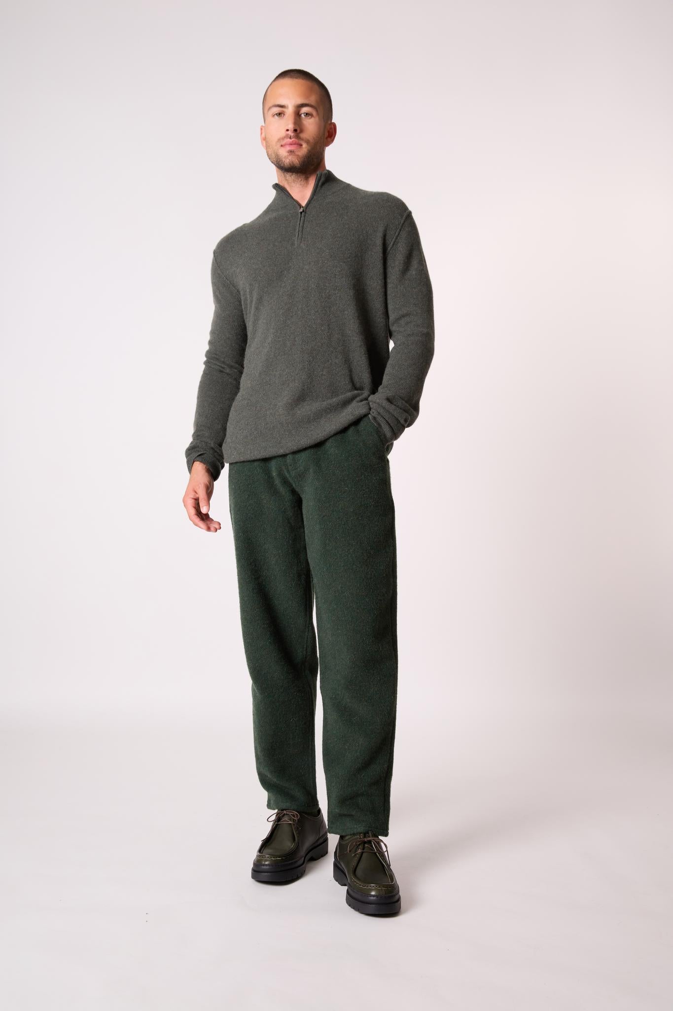 LUCAS pull camionneur kaki chiné 100% cachemire