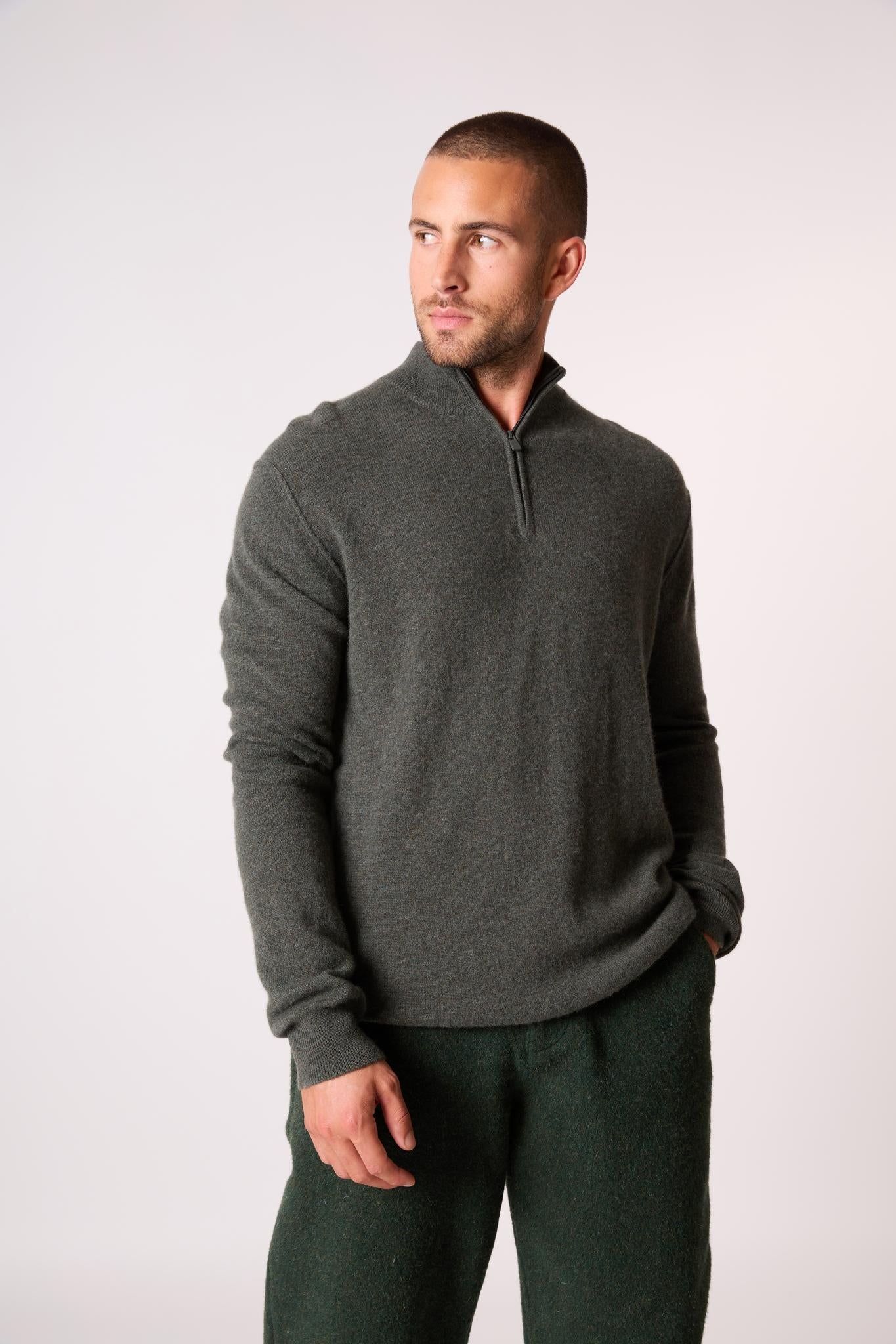 LUCAS pull camionneur kaki chiné 100% cachemire