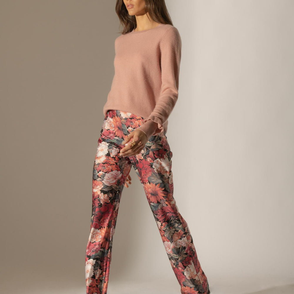 LUING pull col rond volants poignets bois de rose 100% cachemire