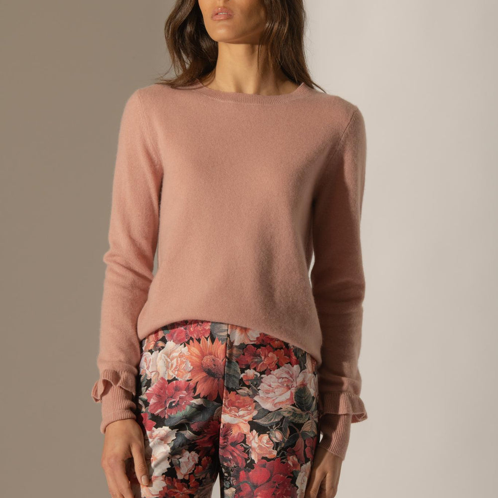 LUING pull col rond volants poignets bois de rose 100% cachemire