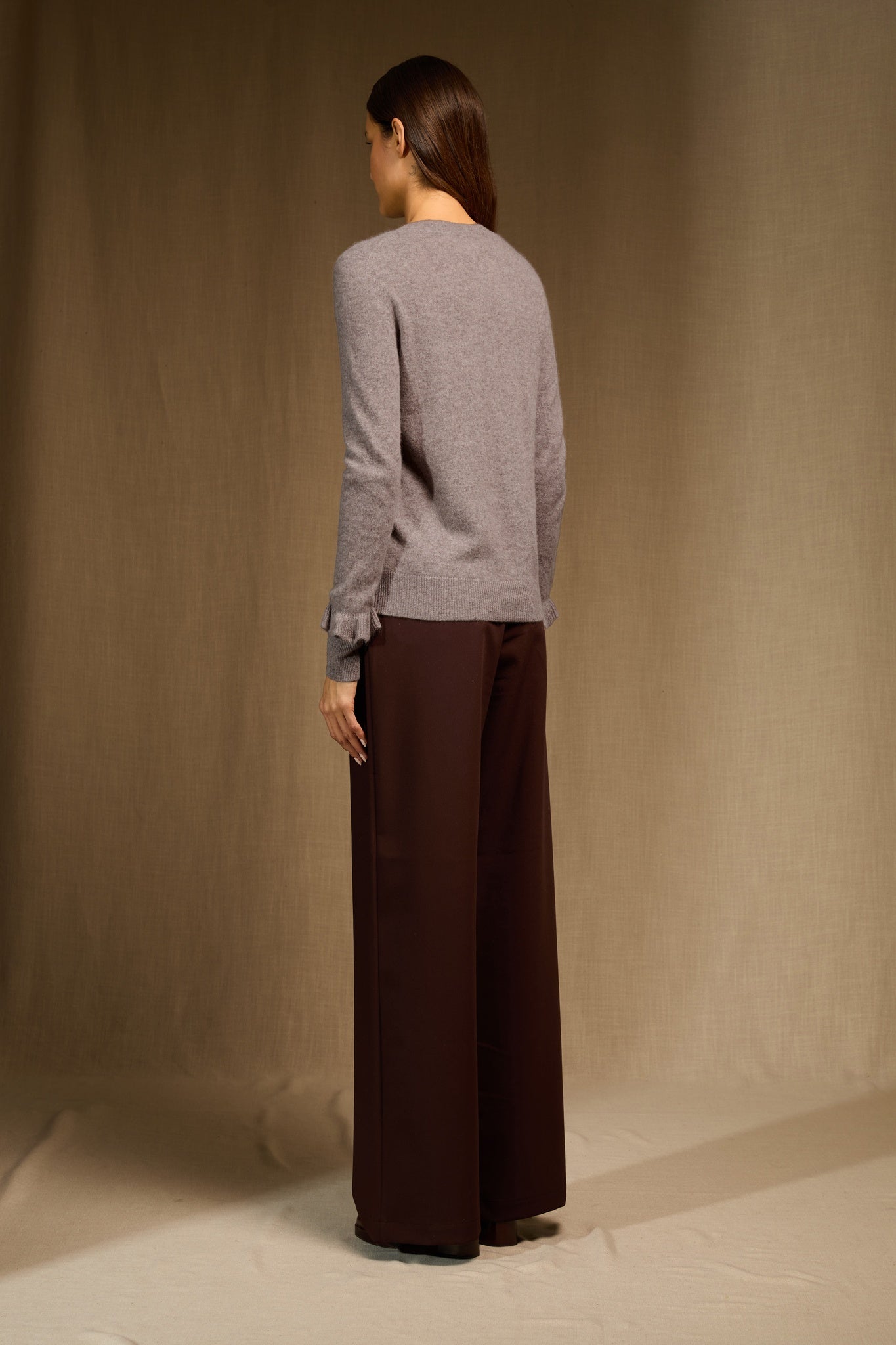 LUING pull col rond volants poignets caribou chiné 100% cachemire