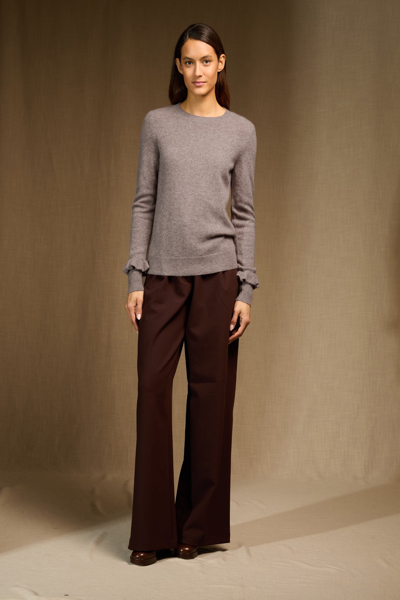 LUING pull col rond volants poignets caribou chiné 100% cachemire