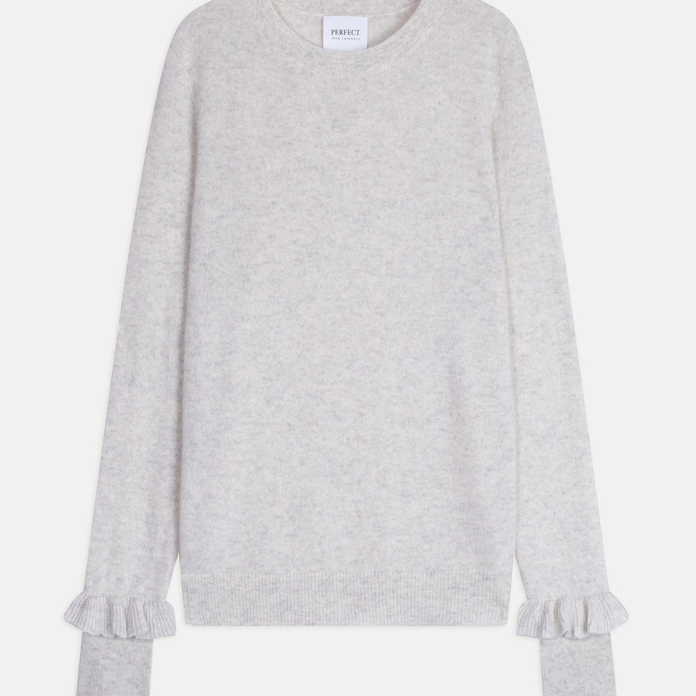 luing pull col rond volants poignets gris perle chiné 100% cachemire