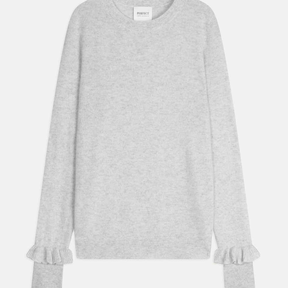 luing pull col rond volants poignets gris perle chiné 100% cachemire