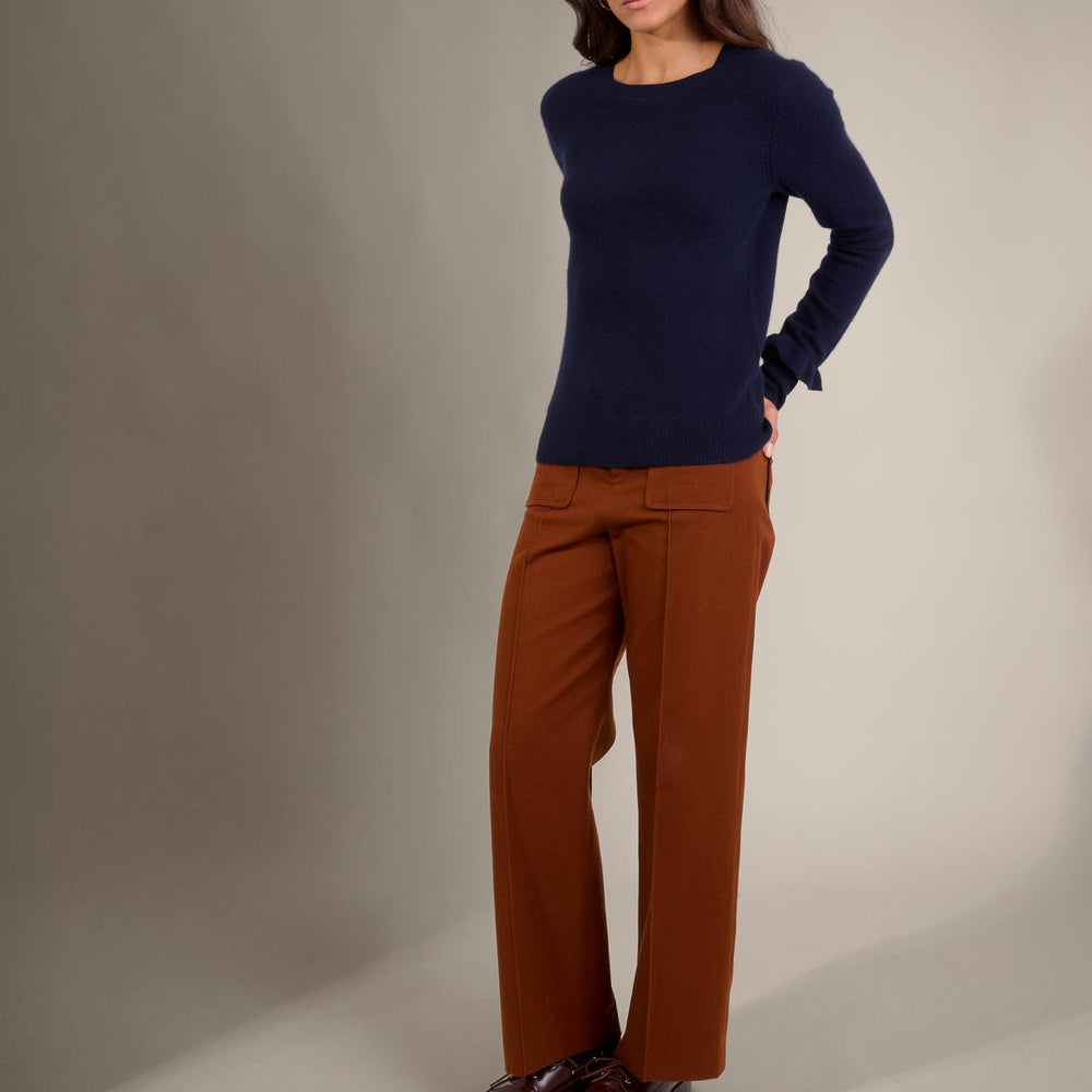 LUING pull col rond volants poignets navy 100% cachemire