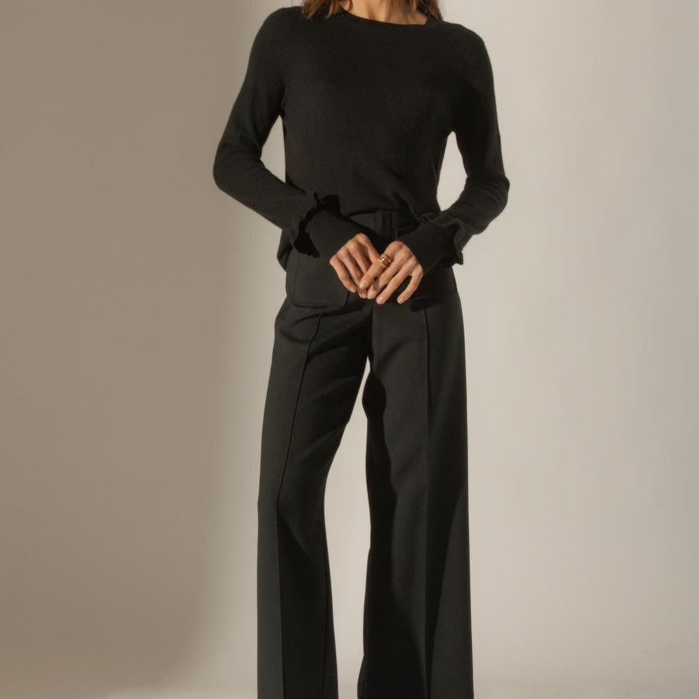 LUING pull col rond volants poignets noir 100% cachemire