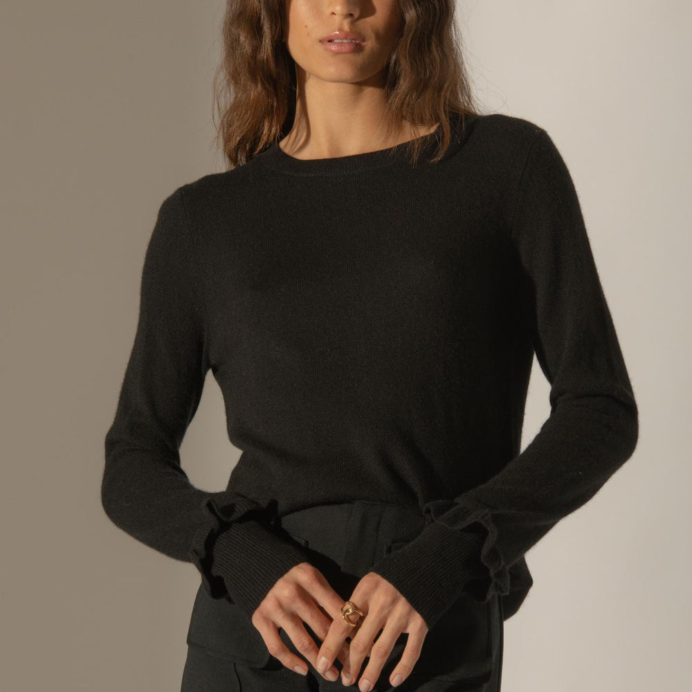 LUING pull col rond volants poignets noir 100% cachemire
