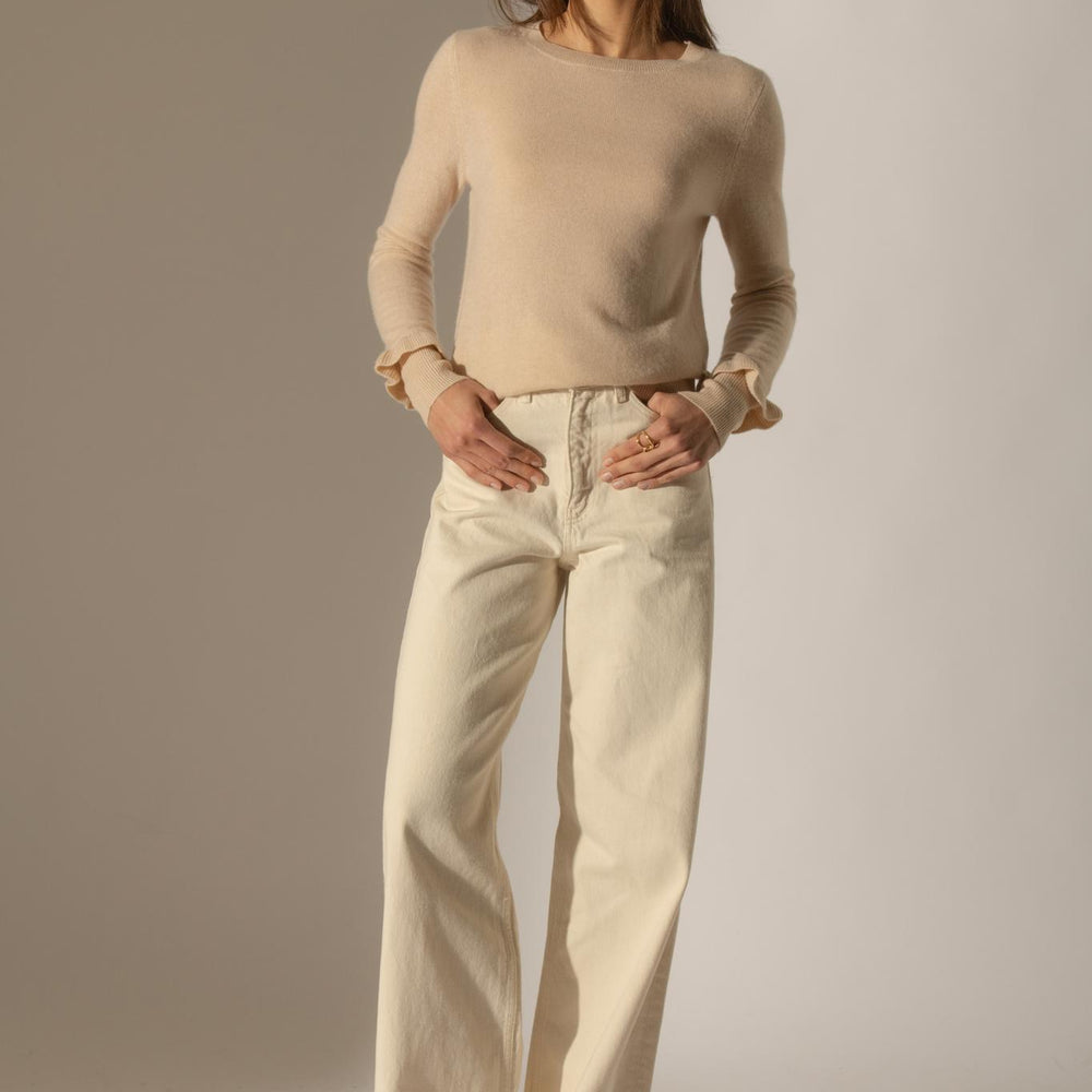 LUING pull col rond volants poignets sable 100% cachemire