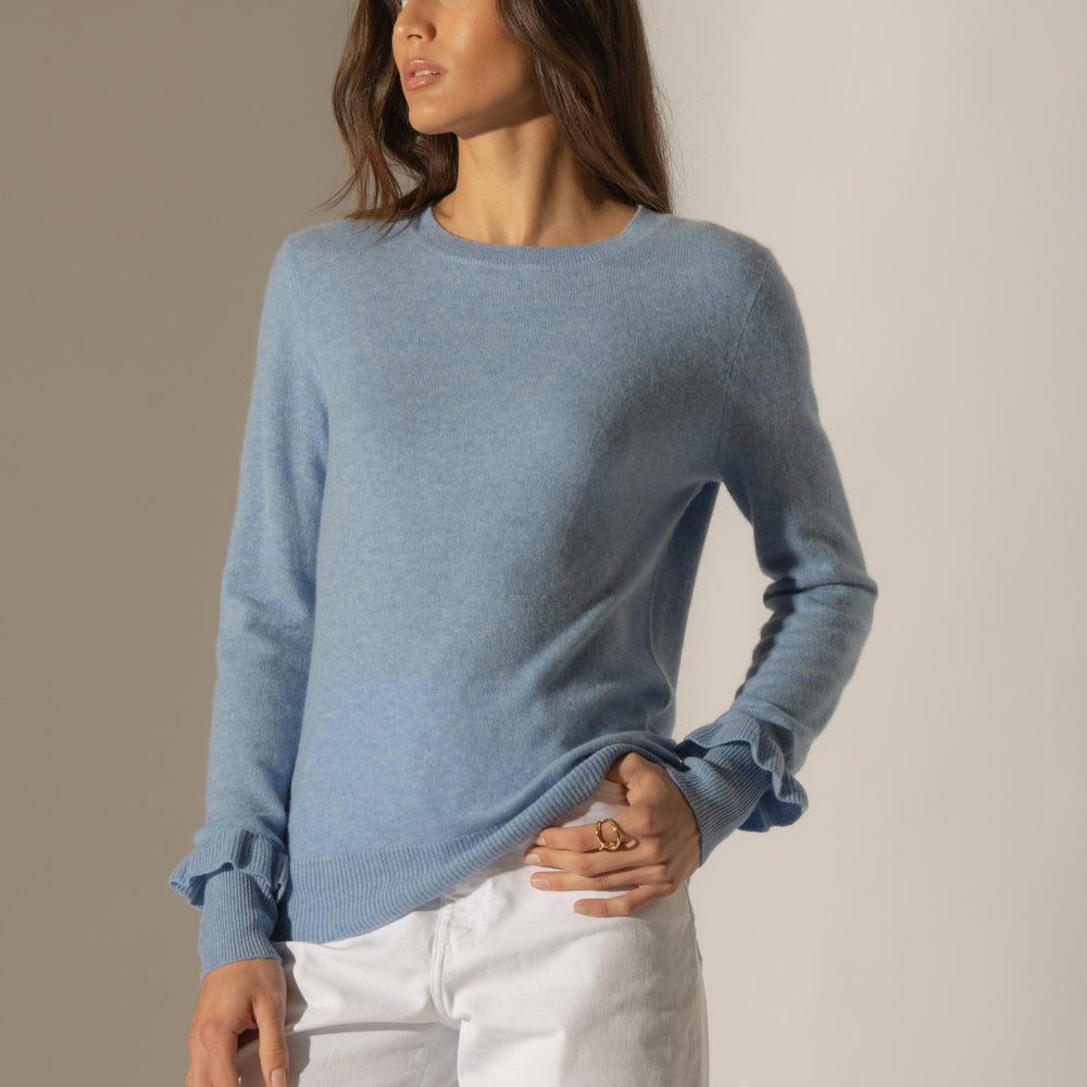 LUING pull col rond volants poignets sky 100% cachemire