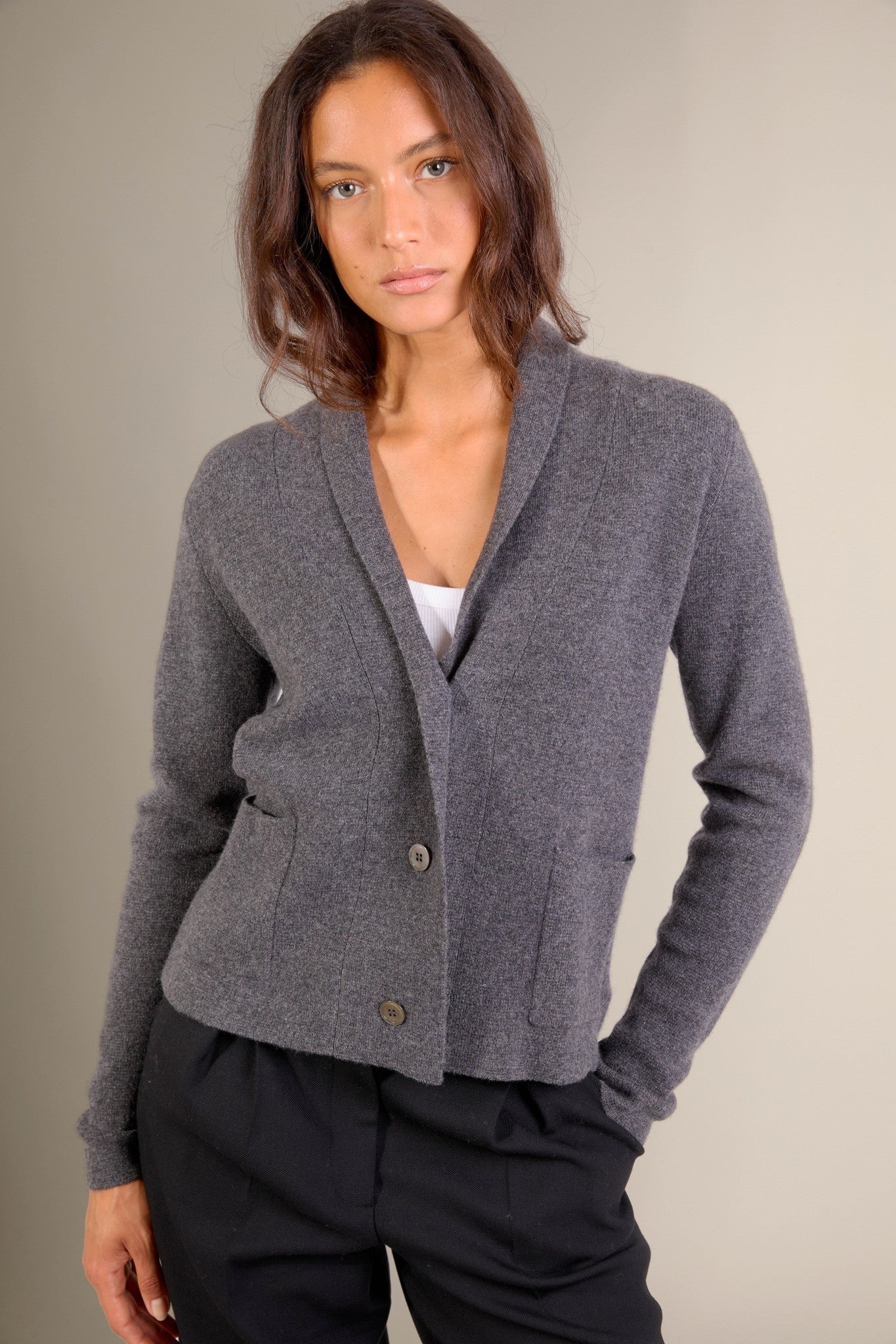 lumiviel veste boutonnée col châle anthracite chiné 100% cachemire